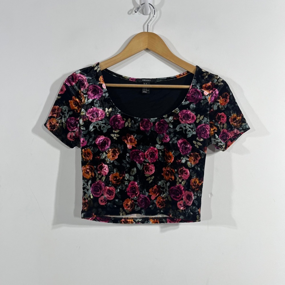 Forever 21 Y2K Whimsigoth Velvet Floral Crop Top Womens Medium Fairy Grunge 90s
